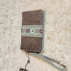 Brown and Teal Embroidered Wristlet wallet
